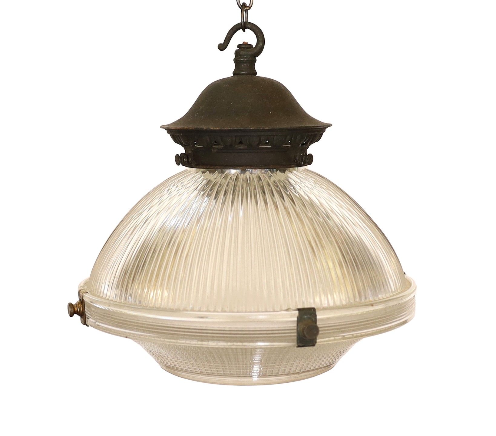An early 20th century ribbed glass light pendant, height 26cm. width 26cm